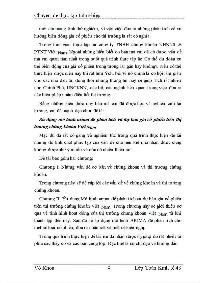 Sử dụng mô hình arima để phân tích và dự báo giá cổ phiếu trên thị trường chứng khoán Việt Nam