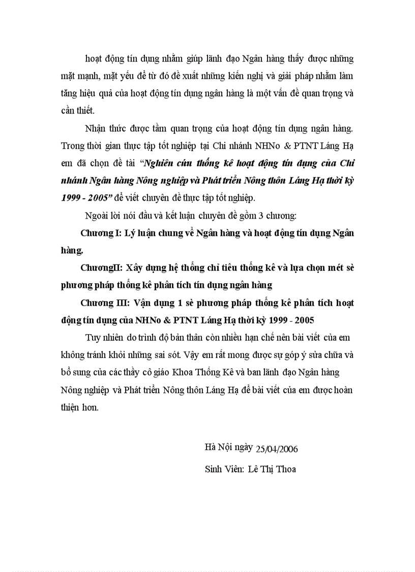 Nghiên cứu thống kê hoạt động tín dụng của Chi nhánh Ngân hàng Nông nghiệp và Phát triển Nông thôn Láng Hạ thời kỳ 1999-2005