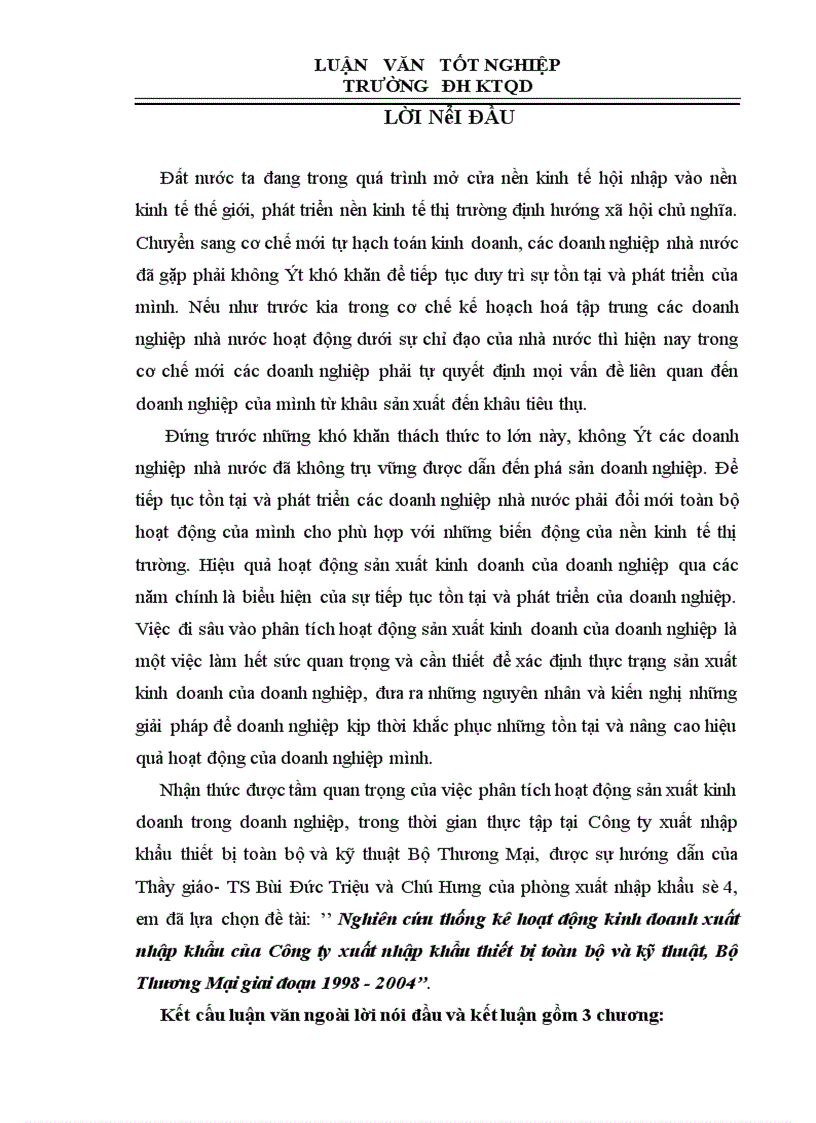 Nghiên cứu thống kê hoạt động kinh doanh xuất nhập khẩu của Công ty xuất nhập khẩu thiết bị toàn bộ và kỹ thuật, Bộ Thương Mại giai đoạn 1998-2004