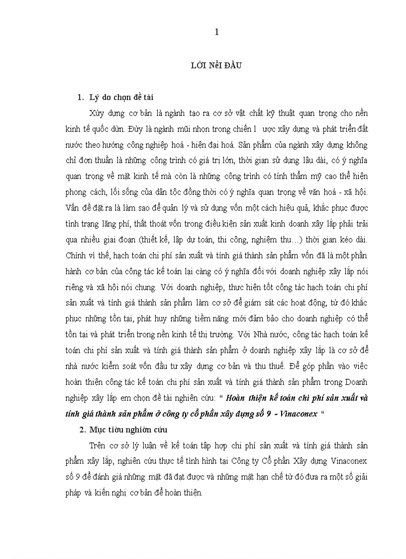 Hoàn thiện kế toán chi phí sản xuất và tính giá thành sản phẩm ở công ty cổ phần xây dựng số 9 -Vinaconex