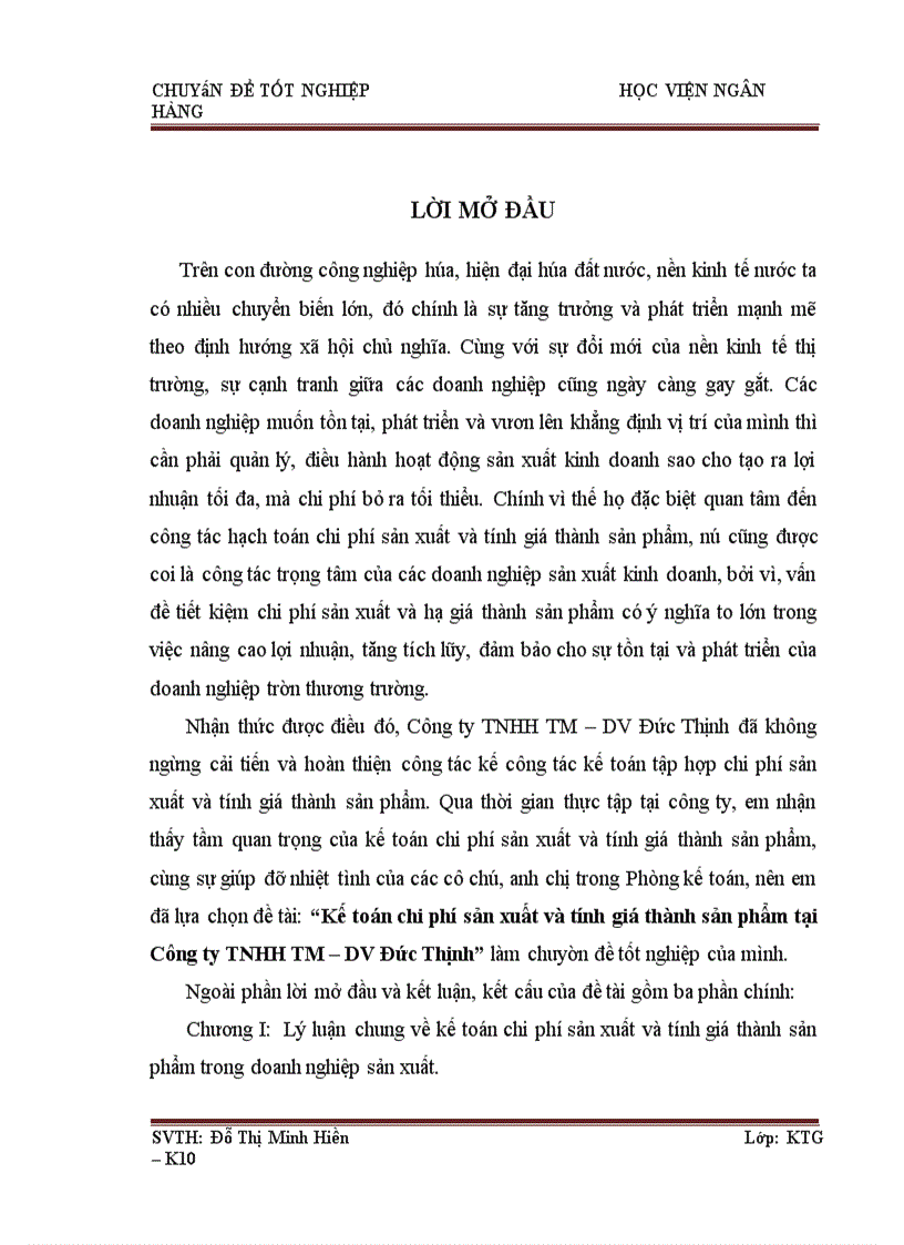 Kế toán chi phí sản xuất và tính giá thành sản phẩm tại Công ty TNHH TM – DV Đức Thịnh
