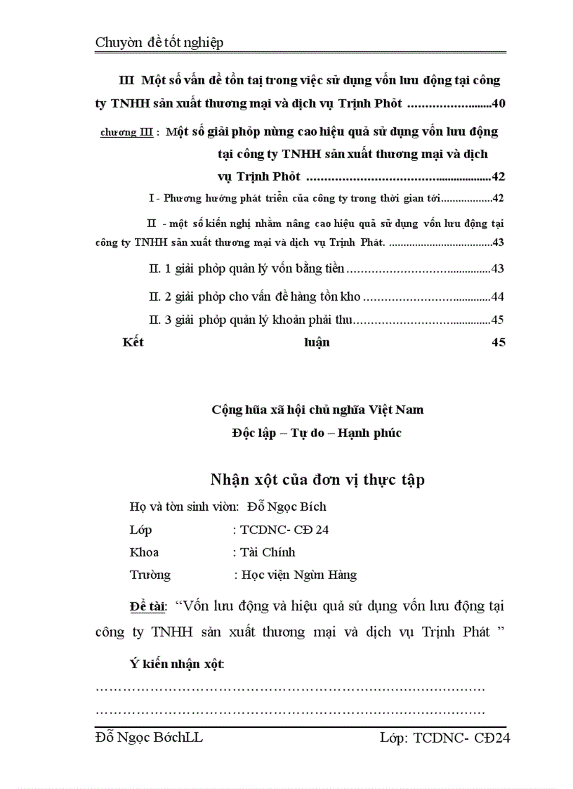 image for page Vốn lưu động và hiệu quả sử dụng vốn lưu động tại công ty TNHH sản xuất thương mại và dịch vụ Trịnh Phát