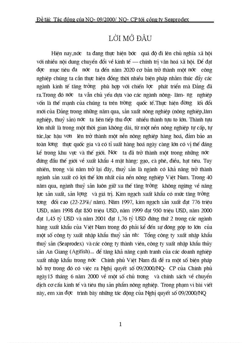 image for page Những tác động của Nghị quyết số 09/2000/NQ – CP đối với hoạt động xuất nhập khẩu thủy sản của công ty Seaprodex Việt Nam.