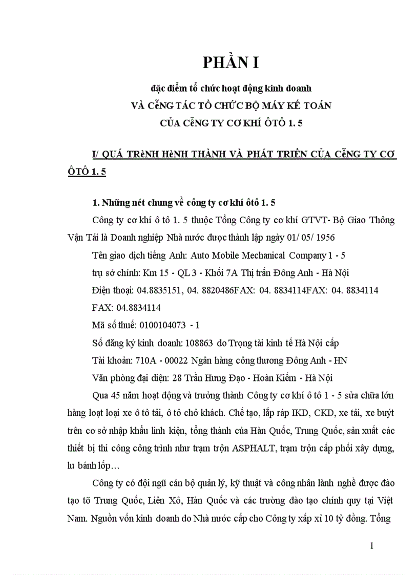 Hoạt động kinh doanh và công tác tổ chức bộ máy kế toán của công ty cơ khí ôtô 1.5