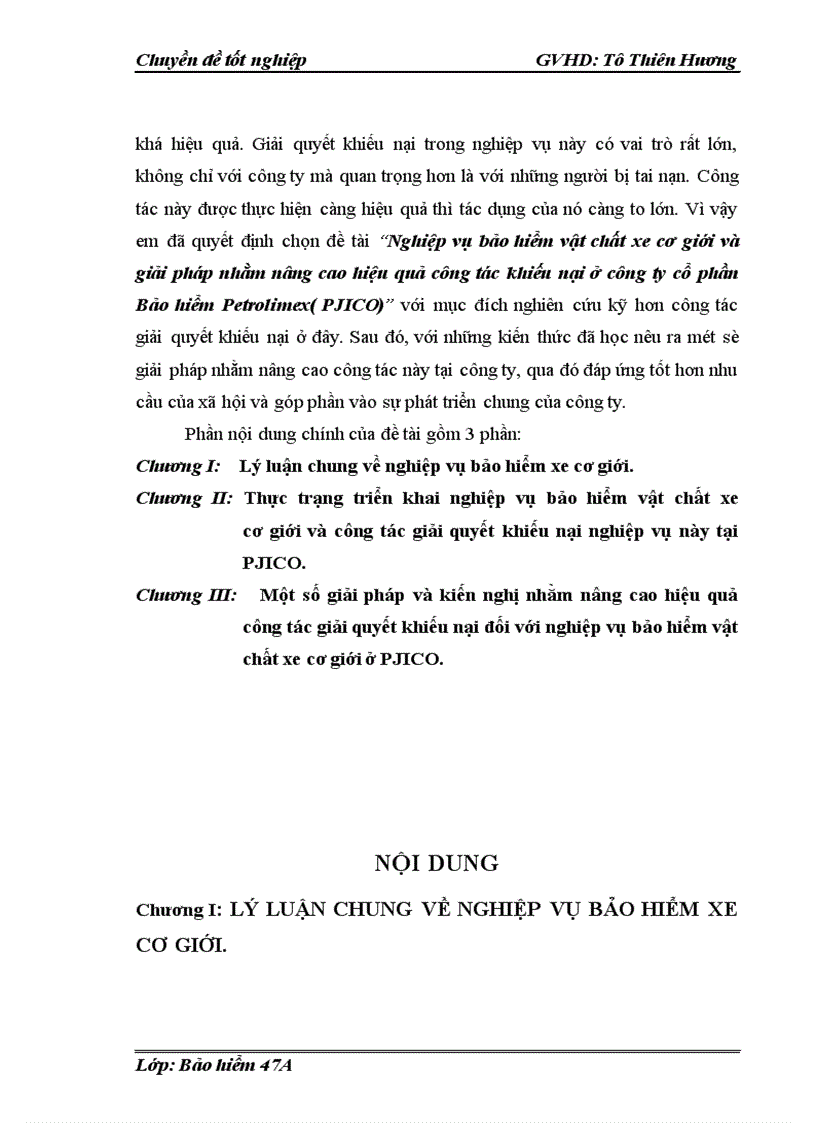 Nghiệp vụ bảo hiểm vật chất xe cơ giới và giải pháp nhằm nâng cao hiệu quả công tác khiếu nại ở công ty cổ phần Bảo hiểm Petrolimex( PJICO)