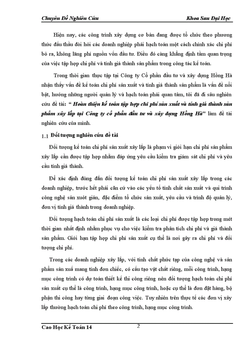 image for page Hoàn thiện kế toán tập hợp chi phí sản xuất và tính giá thành sản phẩm xây lắp tại Công ty cổ phần đầu tư và xây dựng Hồng Hà
