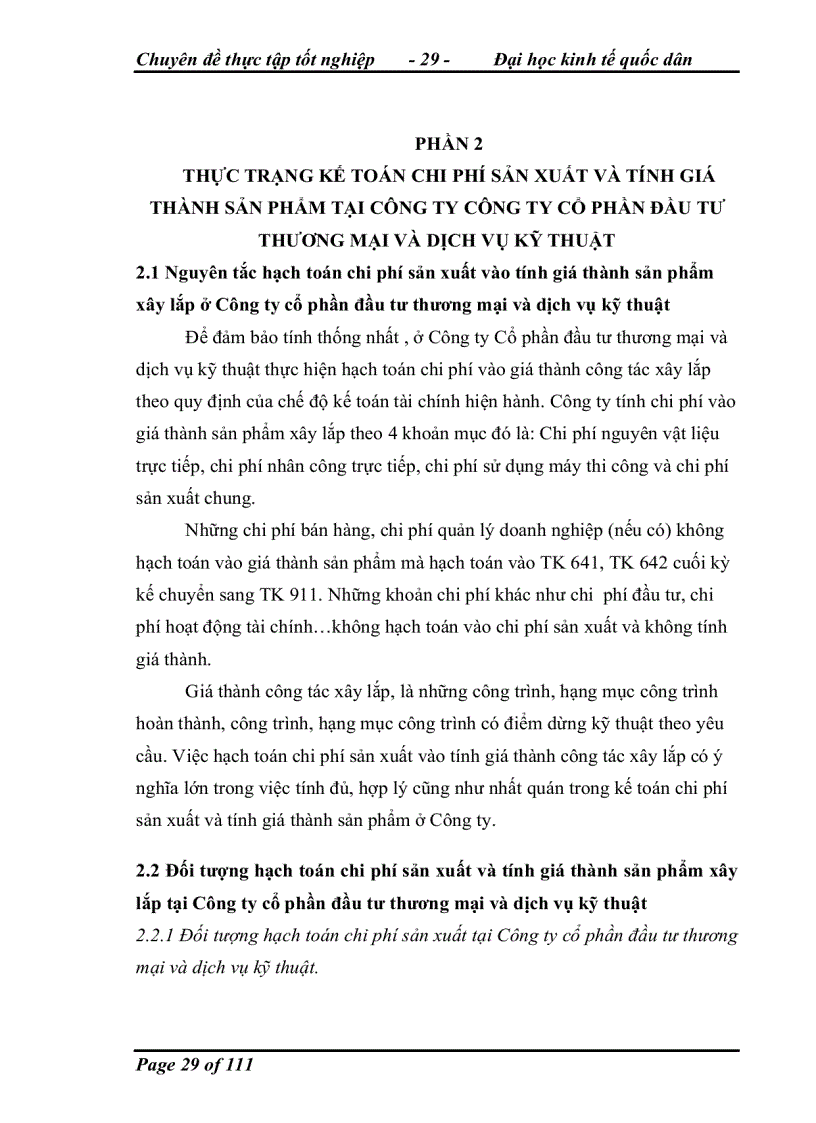 image for page Hoàn thiện kế toán chi phí sản xuất và tính giá thành sản phẩm xây lắp tại Công ty cổ phần đầu tư thương mại và dịch vụ kỹ thuật
