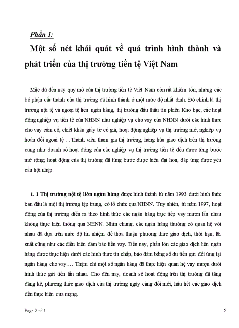 Một số nét khái quát về quá trình hình thành và phát triển của thị trường tiền tệ Việt Nam