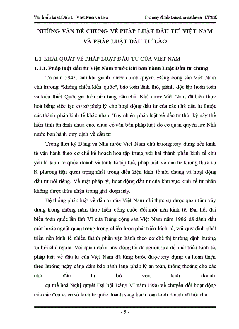 Tìm hiểu pháp luật đầu tư của Việt Nam trong sự so sánh với pháp luật đầu tư của Lào