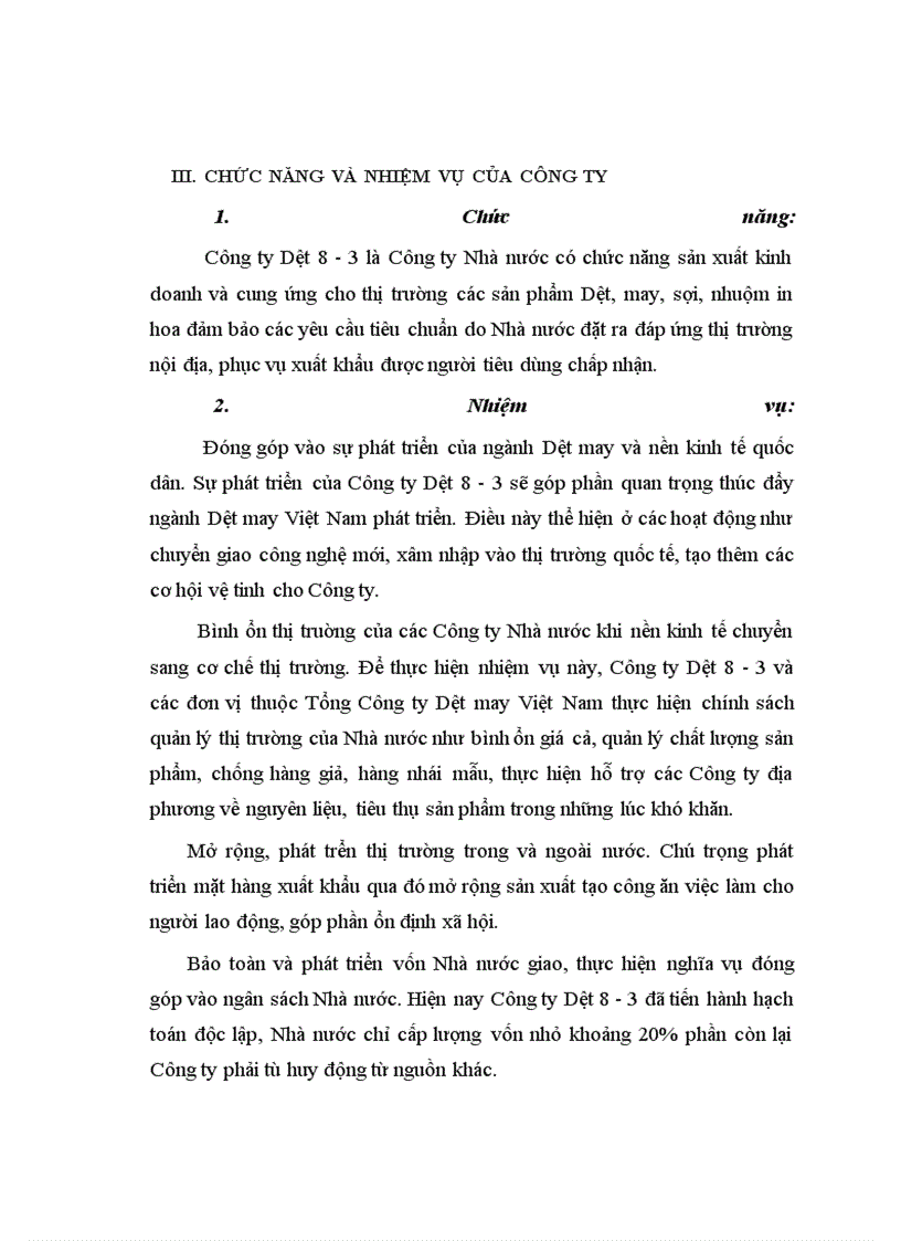 Chức năng và nhiệm vụ của công ty Dệt 8/3