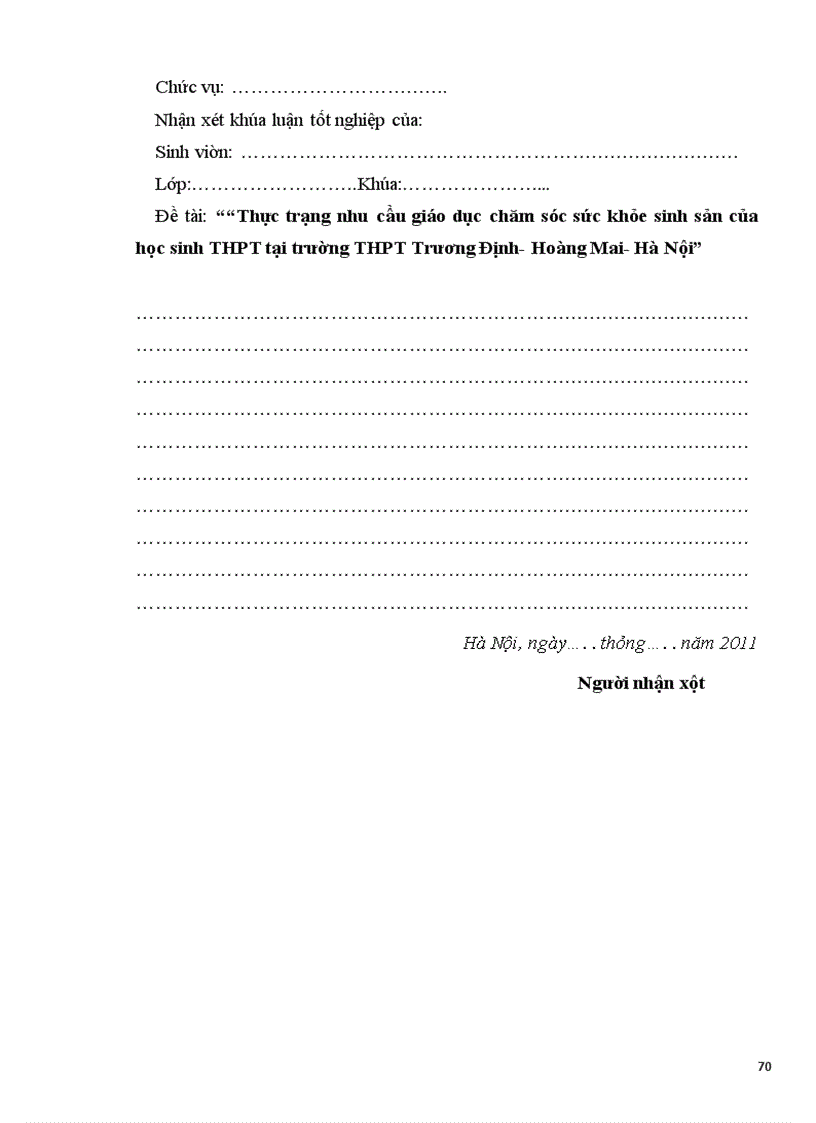 image for page Thực trạng nhu cầu chăm sóc giáo dục SKSS của học sinh THPT tại trường THPT Trương Định - Hoàng Mai - Hà Nội