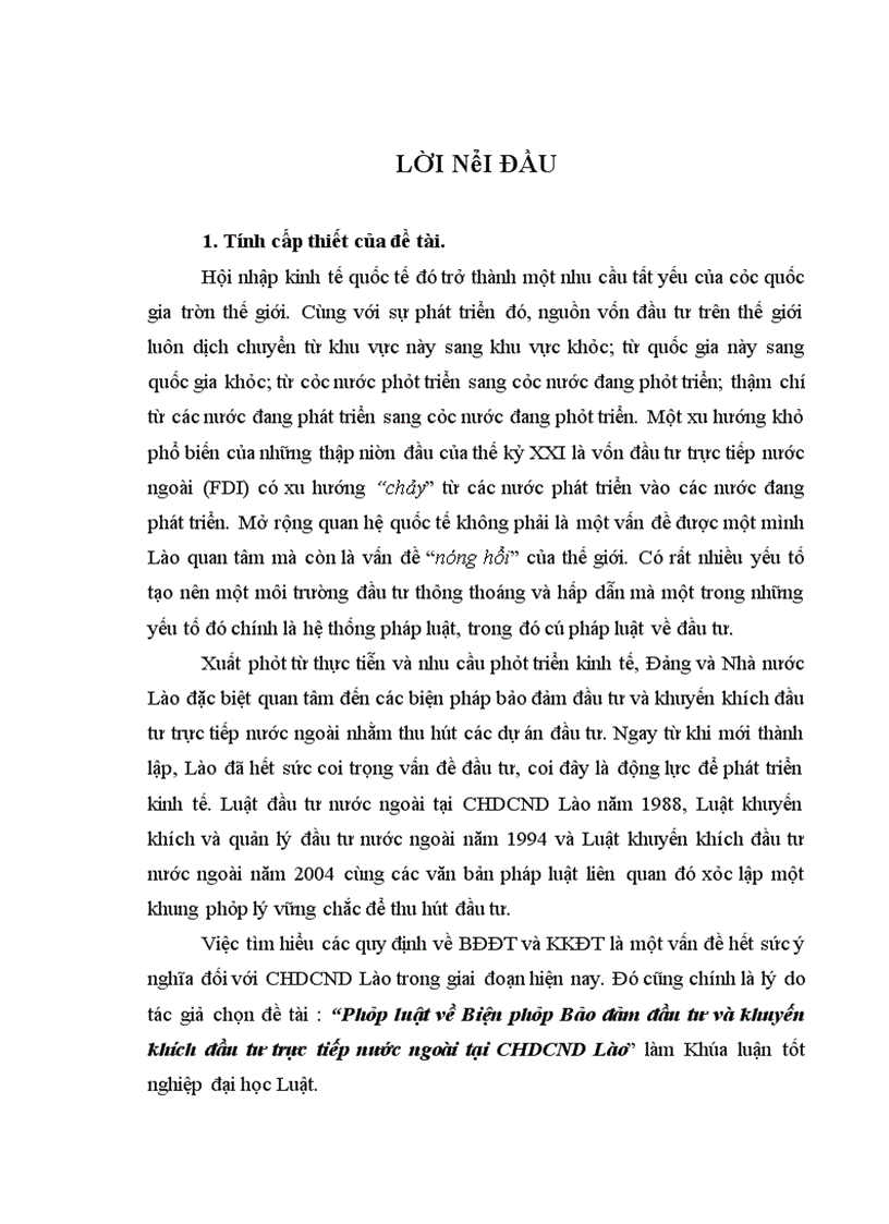 Pháp luật về Biện pháp Bảo đảm đầu tư và khuyến khích đầu tư trực tiếp nước ngoài tại CHDCND Lào