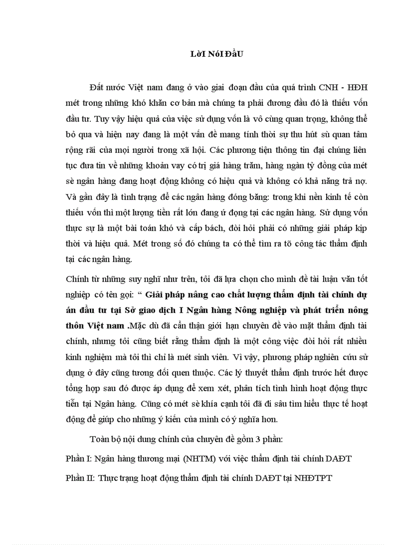 Giải pháp nâng cao chất lượng thẩm định tài chính dự án đầu tư tại Sở giao dịch I Ngân hàng Nông nghiệp và phát triển nông thôn Việt nam