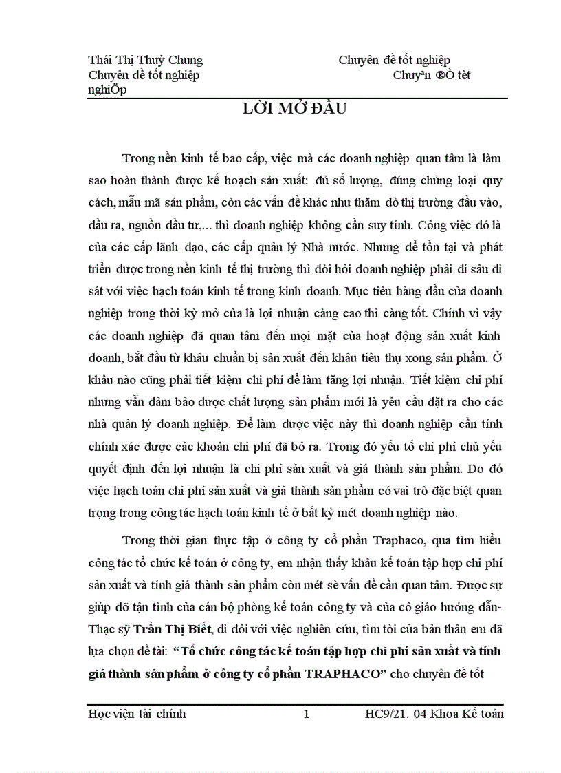 Tổ chức công tác kế toán tập hợp chi phí sản xuất và tính giá thành sản phẩm ở công ty cổ phần TRAPHACO