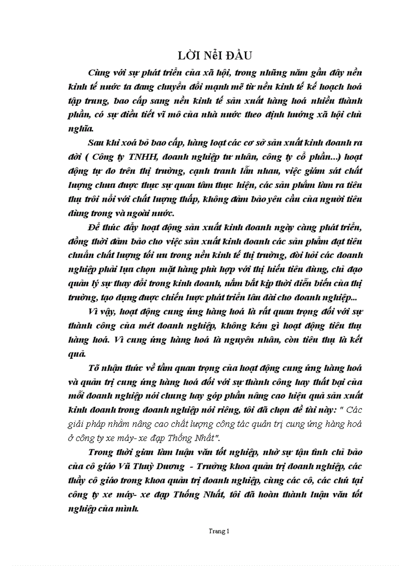 Các giải pháp nhằm nâng cao chất lượng công tác quản trị cung ứng hàng hoá ở công ty xe máy- xe đạp Thống Nhất