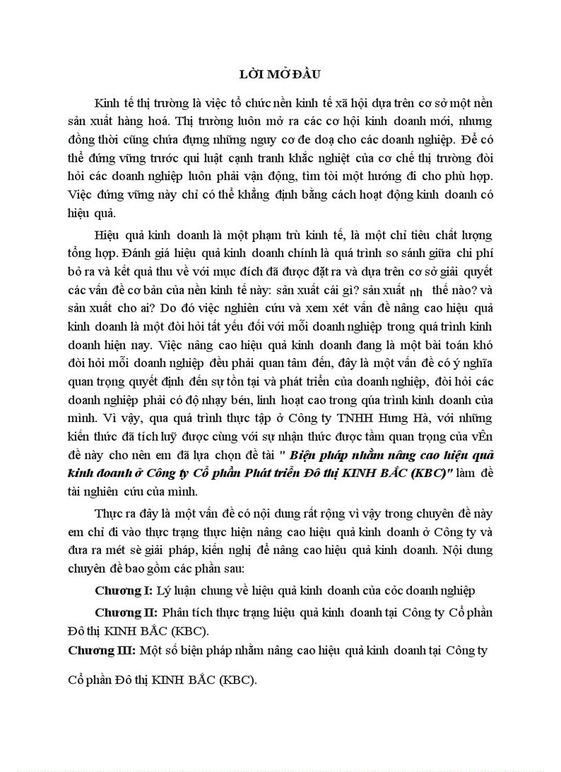 Biện pháp nhằm nâng cao hiệu quả kinh doanh ở Công ty Cổ phần Phỏt triển Đụ thị KINH BẮC (KBC)
