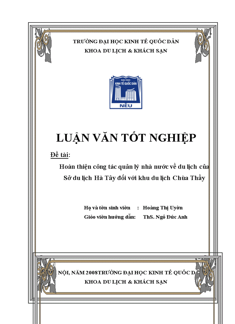 Hoàn thiện công tác quản lý nhà nước về du lịch của Sở du lịch Hà Tây đối với khu du lịch Chùa Thầy