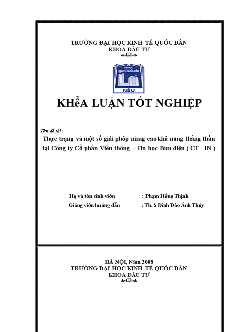 Thực trạng và một số giải pháp nâng cao khả năng thắng thầu tại Công ty Cổ phần Viễn thông – Tin học Bưu điện ( CT-IN )