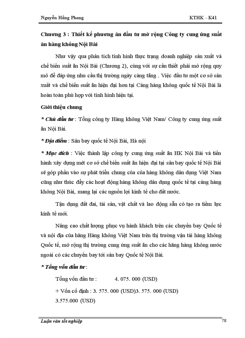 image for page Thiết kế phương án đầu tư mở rộng Công ty cung ứng suất ăn hàng không Nội Bài