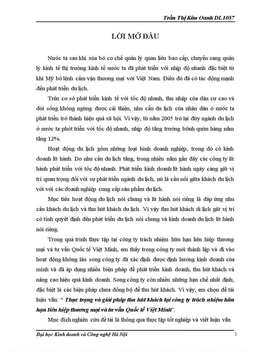 image for page Thực trạng và giải pháp thu hút khách tại công ty trách nhiệm hữu hạn liên hiệp thương mại và tư vấn Quốc tế Việt Minh