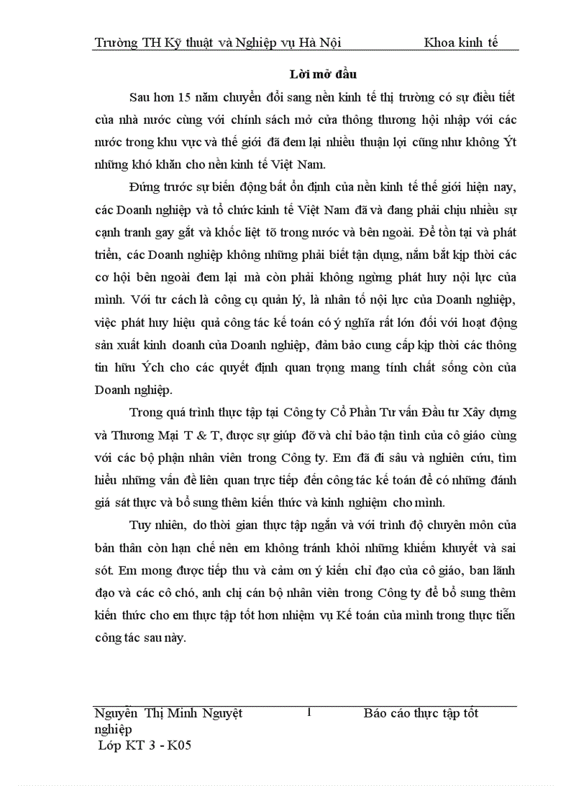 image for page Thực trạng công tác Kế toán tại Công ty Cổ Phần Tư vấn Đầu tư Xây Dựng và Thương Mại T & T.