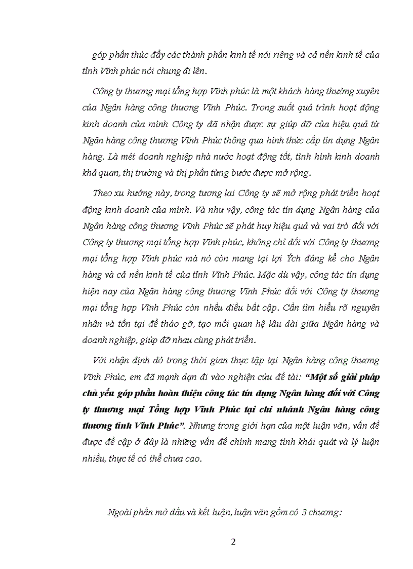 Một số giải pháp chủ yếu góp phần hoàn thiện công tác tín dụng Ngân hàng đối với Công ty thương mại Tổng hợp Vĩnh Phúc tại chi nhánh Ngân hàng công thương tỉnh Vĩnh Phúc