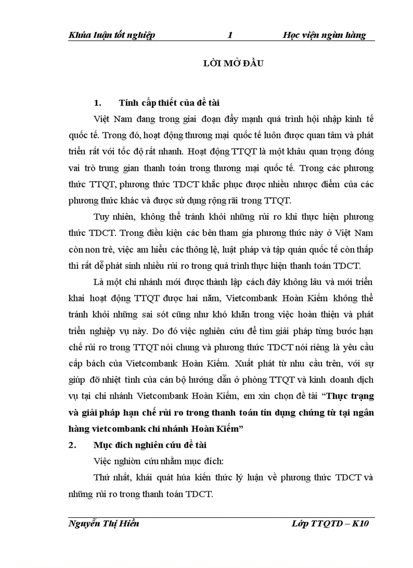 Thực trạng và giải pháp hạn chế rủi ro trong thanh toán tín dụng chứng từ tại ngân hàng vietcombank chi nhánh Hoàn Kiếm