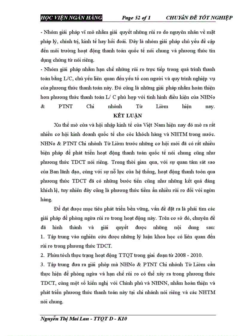 image for page Giải pháp phòng ngừa và hạn chế rủi ro trong phương thức thanh toán tín dụng chứng từ tại NHNo & PTNT Chi nhánh Từ Liêm