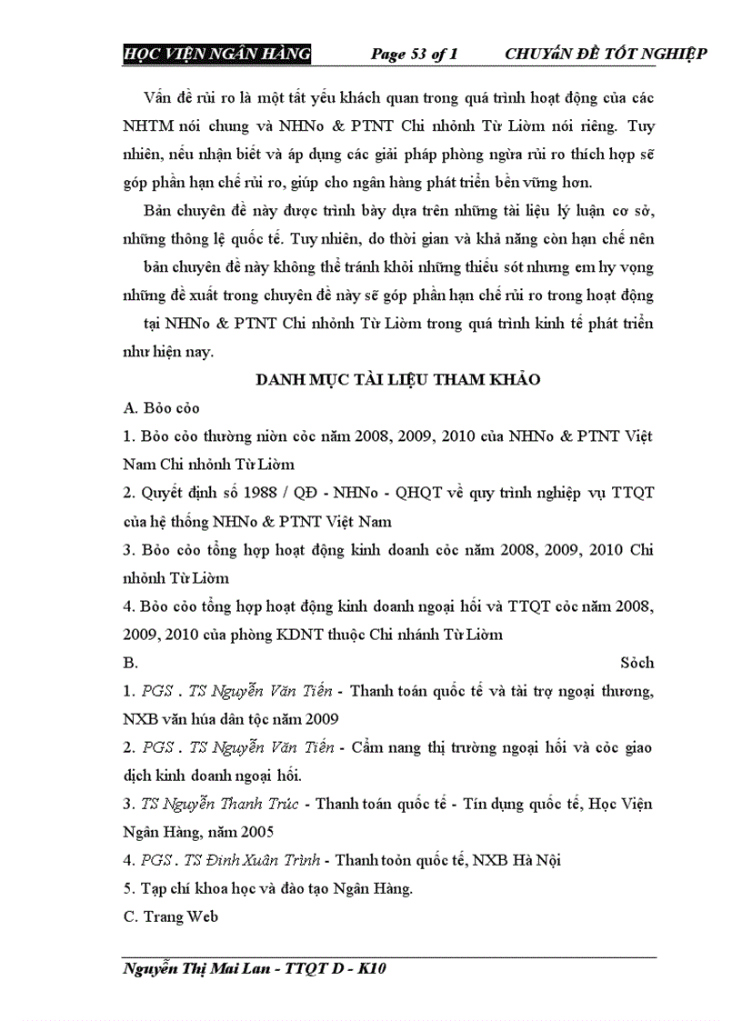image for page Giải pháp phòng ngừa và hạn chế rủi ro trong phương thức thanh toán tín dụng chứng từ tại NHNo & PTNT Chi nhánh Từ Liêm