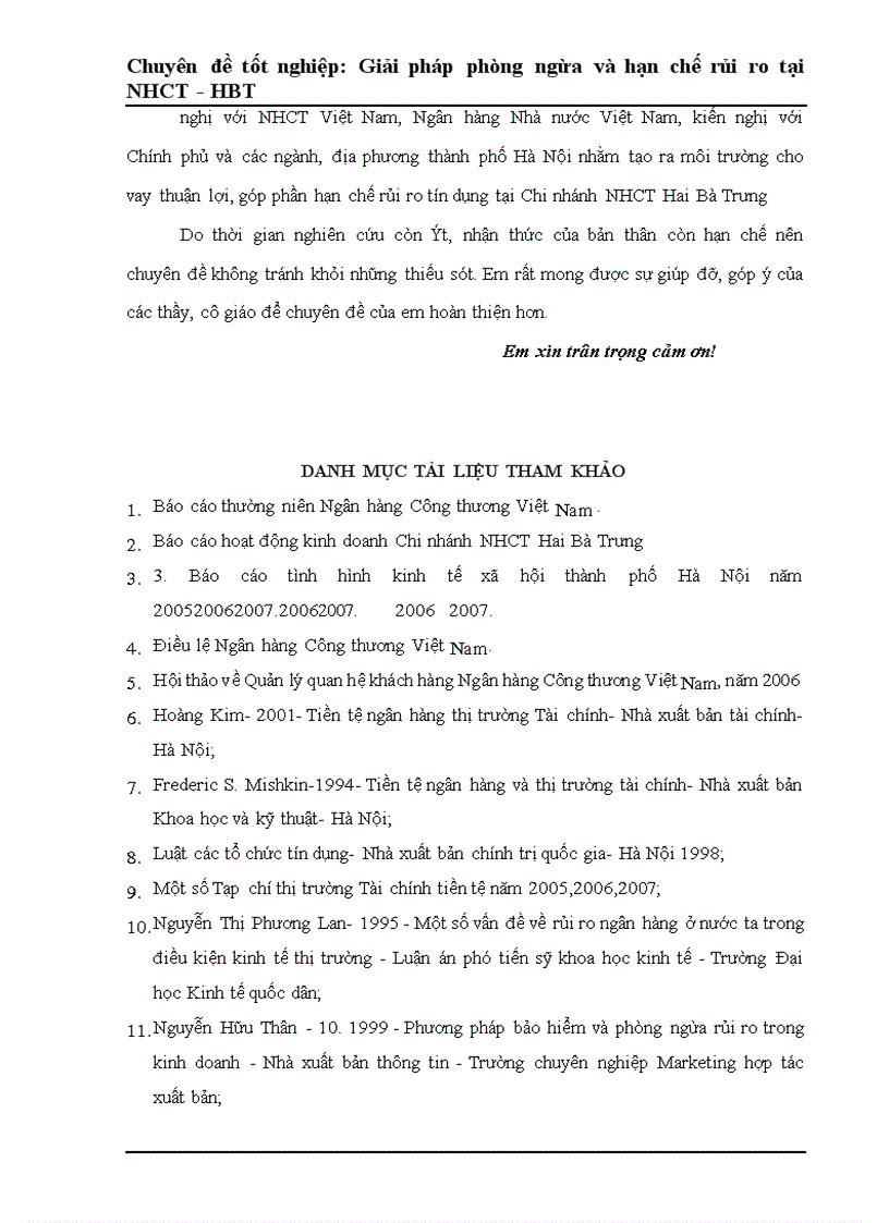 image for page Một số giải pháp phòng ngừa và hạn chế rủi ro tín dụng tại Ngân Hàng Công Thương Hai Bà Trưng