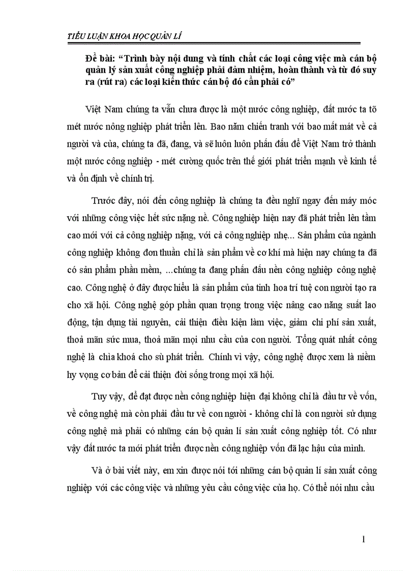 image for page Trình bày nội dung và tính chất các loại công việc mà cán bộ quản lý sản xuất công nghiệp phải đảm nhiệm, hoàn thành và từ đó suy ra (rút ra) các loại kiến thức cán bộ đó cần phải có