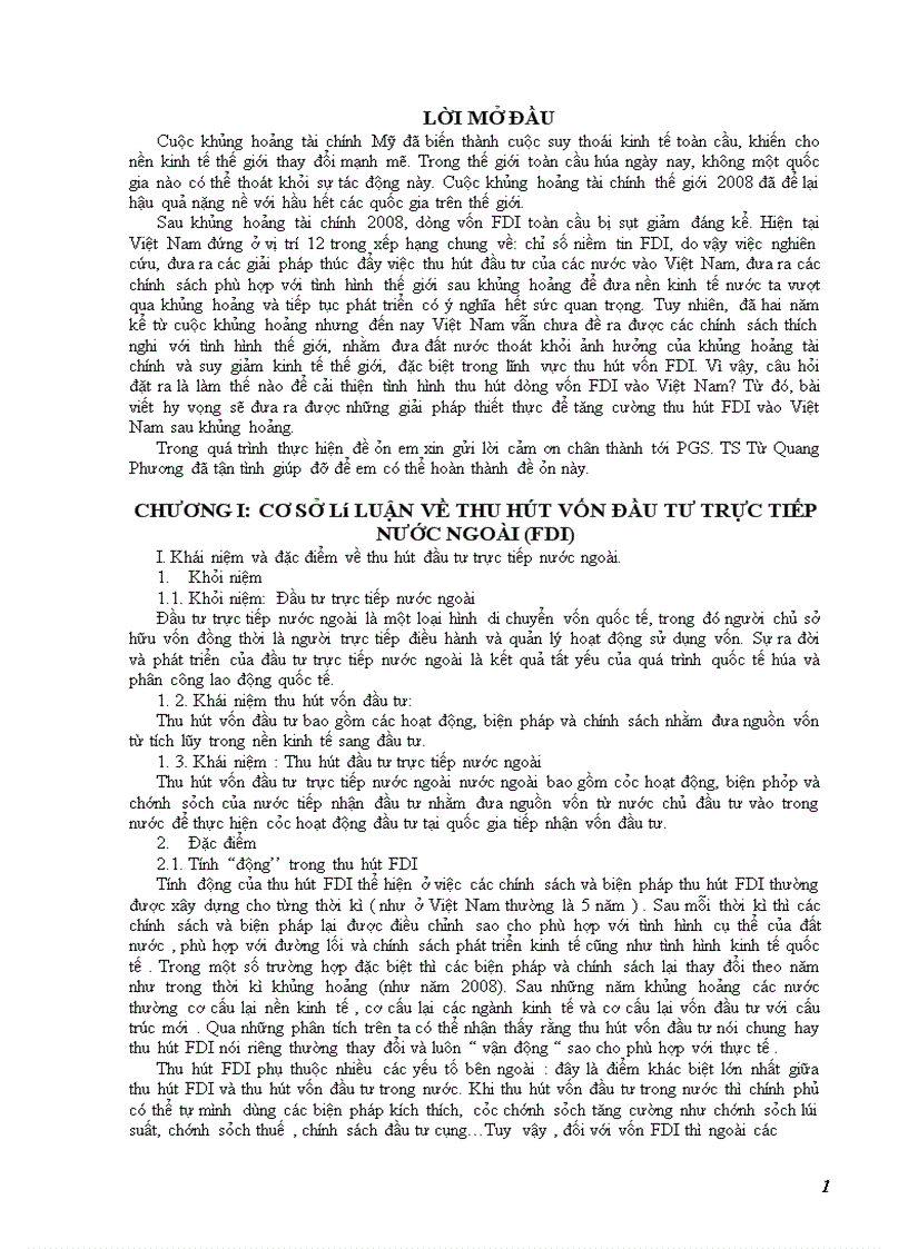 image for page Triển vọng thu hút đầu tư trực tiếp nước ngoài- FDI của nước ta và một vài định hướng để thích ứng với tình hình FDI thế giới sau khủng hoảng kinh tế
