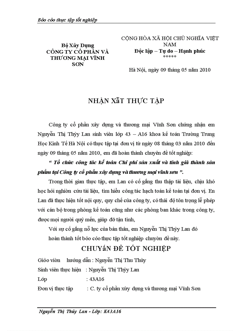 image for page Tổ chức công tác kế toán Chi phí sản xuất và tính giá thành sản phẩm tại Công ty cổ phần xây dựng và thương mại vĩnh sơn