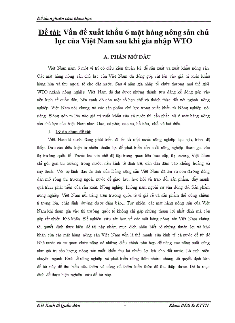 Vấn đề xuất khẩu 6 mặt hàng nông sản chủ lực của Việt Nam sau khi gia nhập WTO A