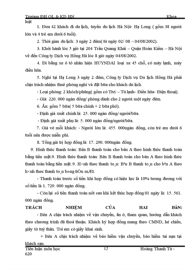 image for page Phân tích bản hợp đồng kinh tế phục vụ khách du lịch của Công ty Du lịch dịch vụ Hồng hà và công ty TNHH Hành tinh xanh