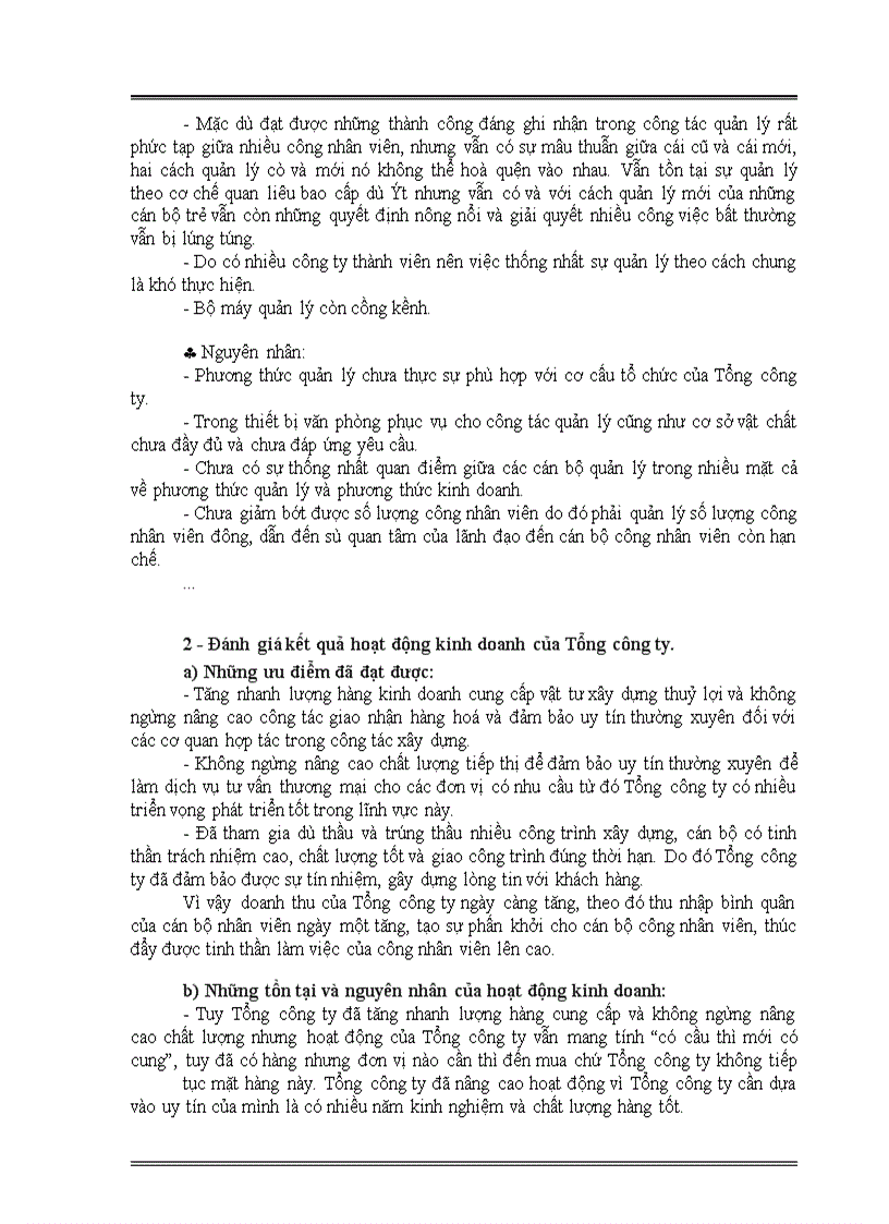 image for page Thực trạng của Tổng công ty đối với các lĩnh vực quản lý và kinh doanh của Tổng công ty Xây dựng Thuỷ lợi I