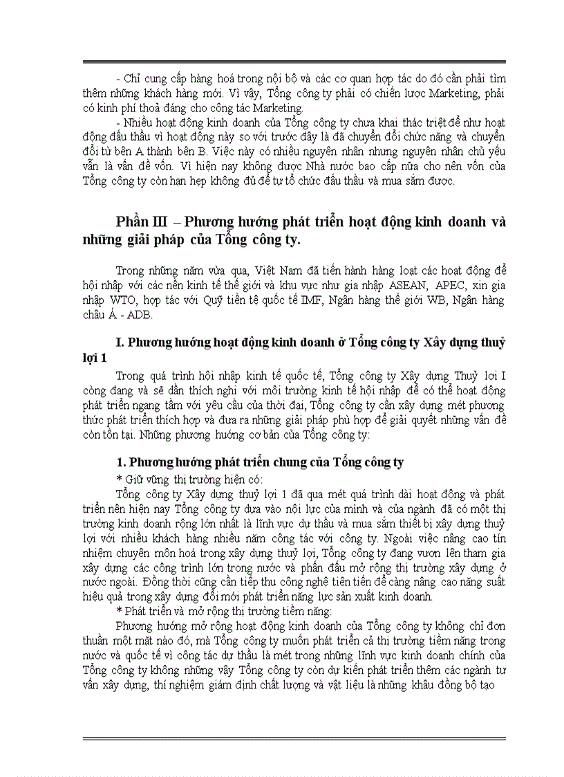 image for page Thực trạng của Tổng công ty đối với các lĩnh vực quản lý và kinh doanh của Tổng công ty Xây dựng Thuỷ lợi I