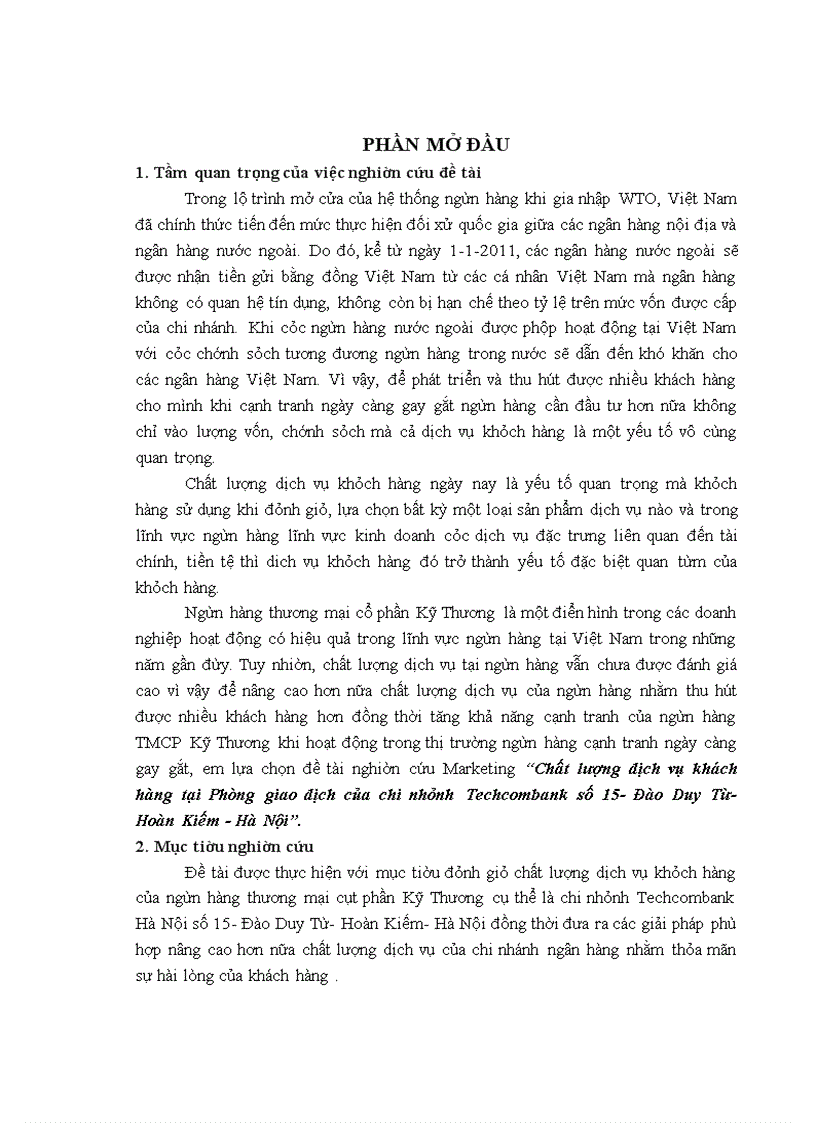 image for page Chất lượng dịch vụ khách hàng tại Chi nhánh Techcombank Hà Nội