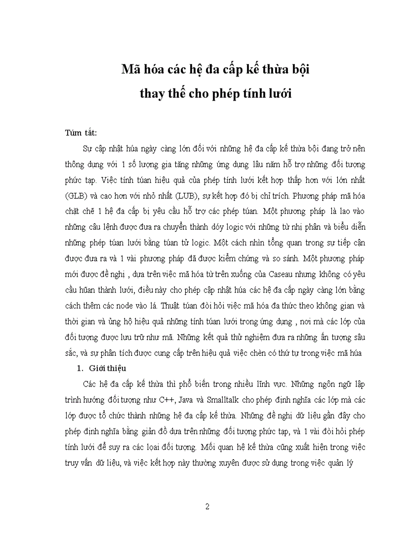 MÃ HOÁ HỆ ĐA CẤP ĐA KẾ THỪA BỘI THAY CHO PHÉP TÍNH LƯỚI DỰA TRÊN TÀI LIỆU : ENCODING MULTIPLE INHERITANCE HIERARCHIES FOR LATTICE OPERATIONS (M.F. van Bommel *, P. Wang)