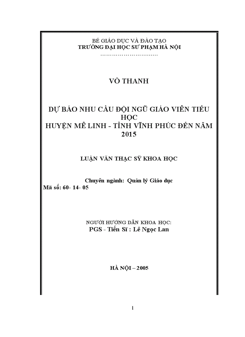 image for page Dự báo nhu cầu đội ngũ giáo viên Tiểu học huyện Mê Linh tỉnh Vĩnh Phúc đến năm 2015