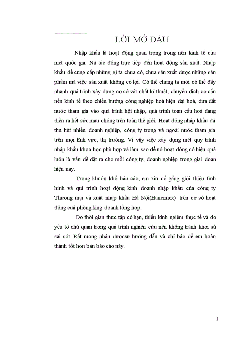 Tình hình và qui trình hoạt động kinh doanh nhập khẩu của công ty Thương mại và xuất nhập khẩu Hà Nội(Hancimex)