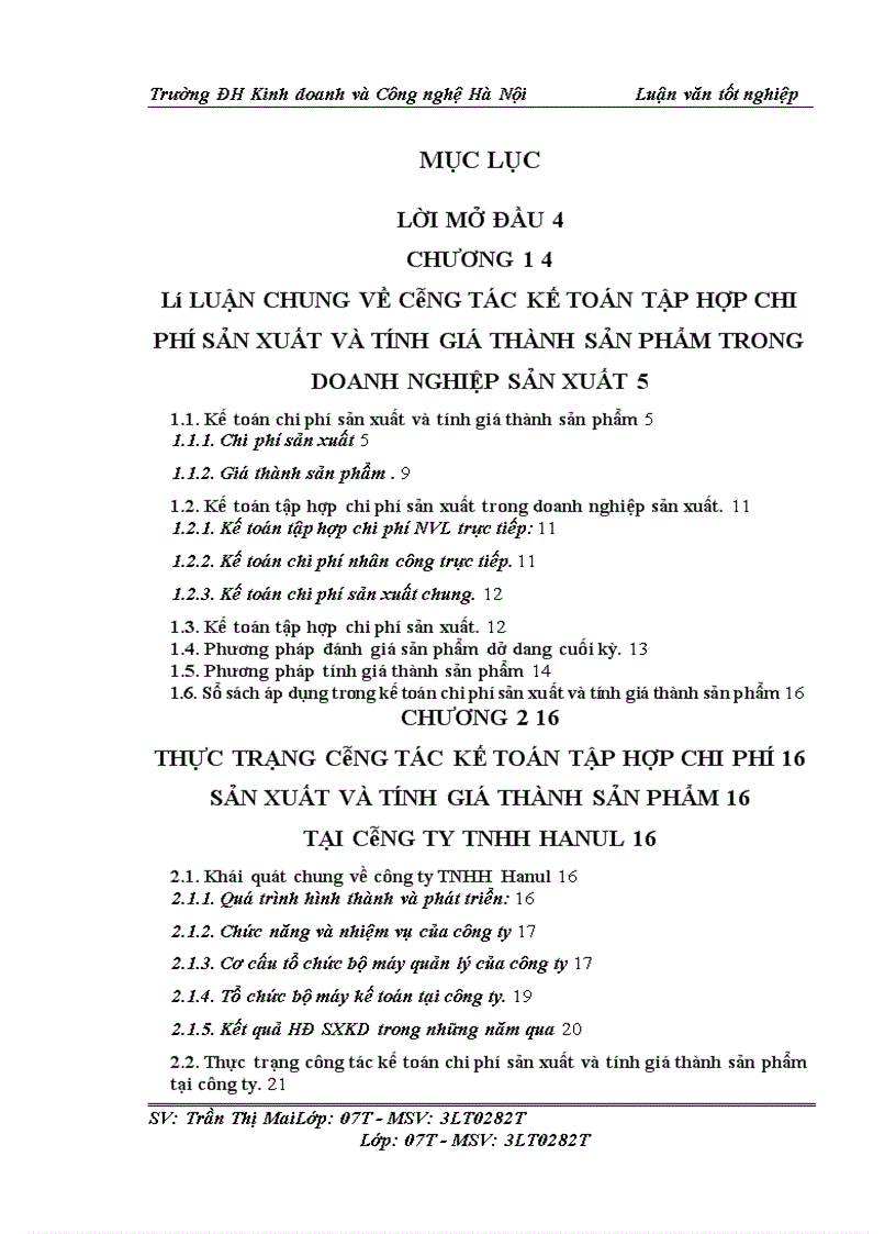 Kế toán tập hợp chi phí và tính giá thành sản phẩm tại công ty TNHH Hanul