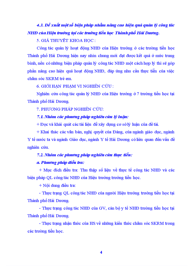 Một số biện pháp quản lý công tác nha học đường của Hiệu trưởng trường tiểu học tại Thành phố Hải Dương