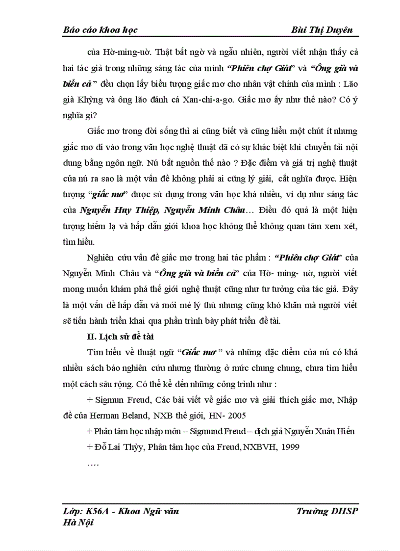 image for page Nghiên cứu vấn đề giấc mơ trong hai tác phẩm : “Phiên chợ Giát” của Nguyễn Minh Châu và “Ông già và biển cả” của Hê- ming- uê