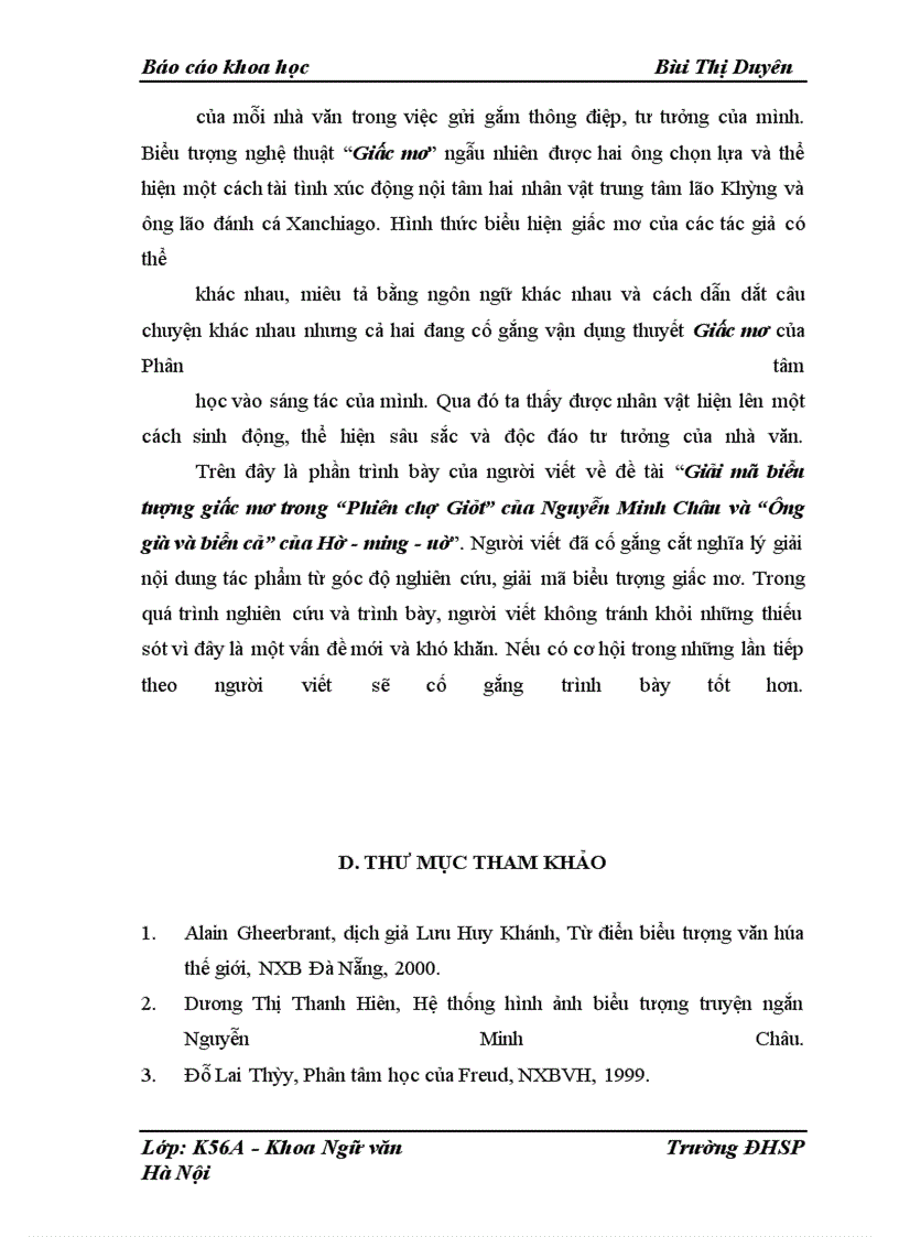 image for page Nghiên cứu vấn đề giấc mơ trong hai tác phẩm : “Phiên chợ Giát” của Nguyễn Minh Châu và “Ông già và biển cả” của Hê- ming- uê