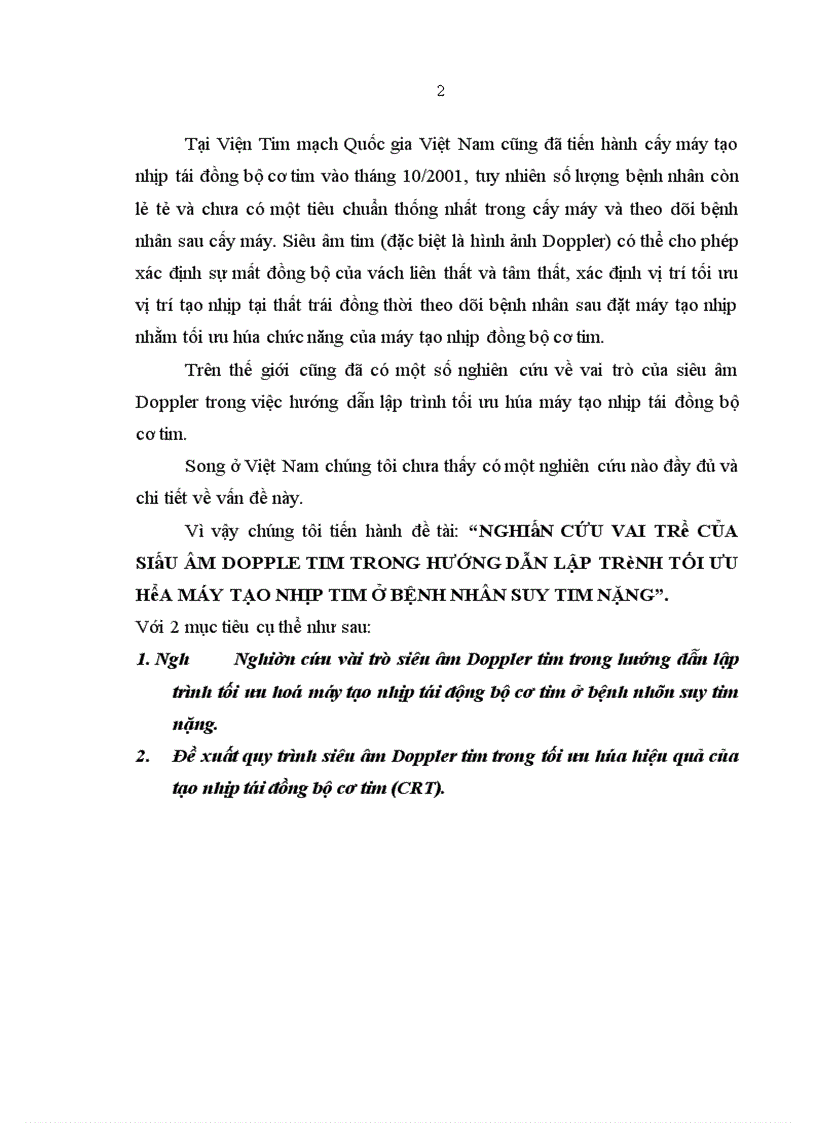Nghiên cứu vai trò của siêu âm dopple tim trong hướng dẫn lập trình tối ưu hóa máy tạo nhịp tim ở bệnh nhân suy tim nặng