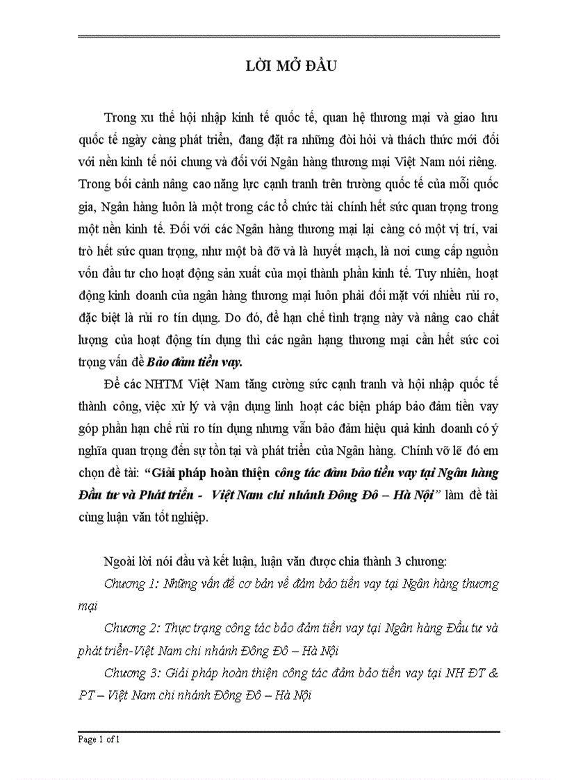 image for page Giải pháp hoàn thiện công tác đảm bảo tiền vay tại Ngân hàng Đầu tư và Phát triển - Việt Nam chi nhánh Đông Đô – Hà Nội