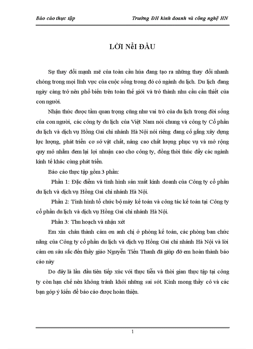 Báo cáo thực tập tại Công ty cổ phần du lịch và dịch vụ Hồng Gai chi nhánh Hà Nội.
