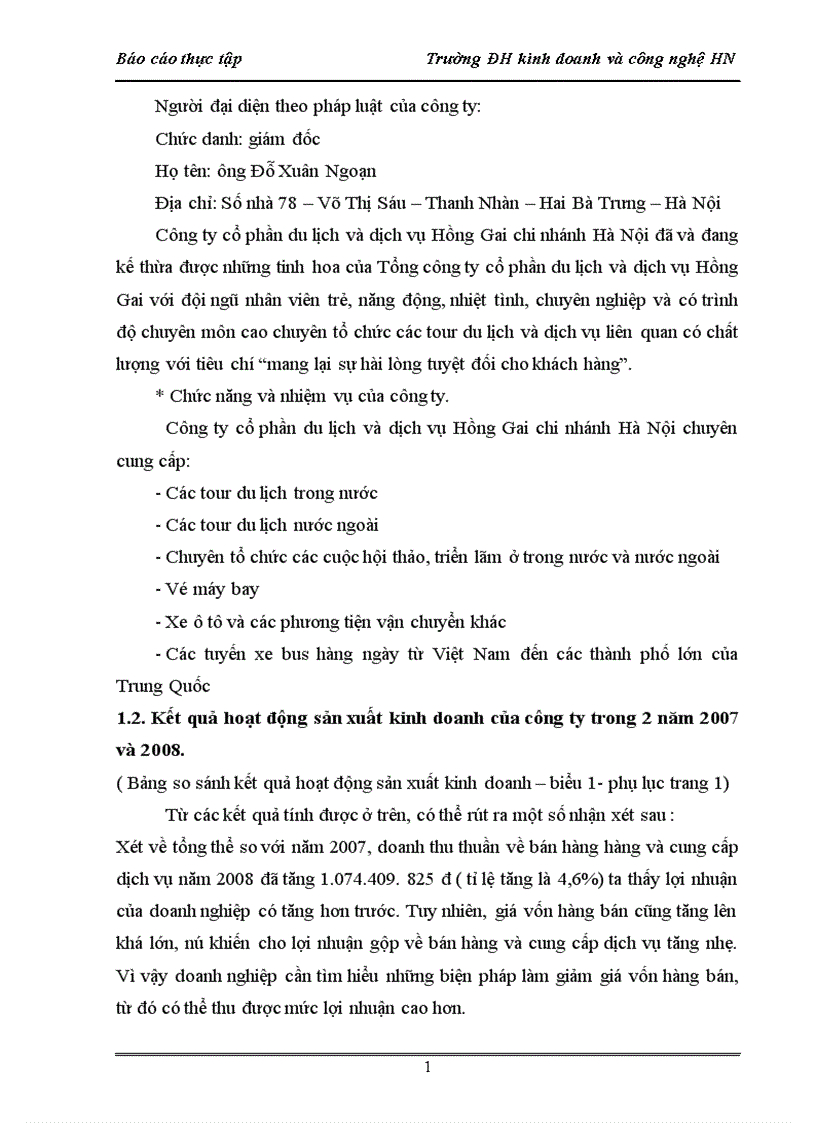 Báo cáo thực tập tại Công ty cổ phần du lịch và dịch vụ Hồng Gai chi nhánh Hà Nội.