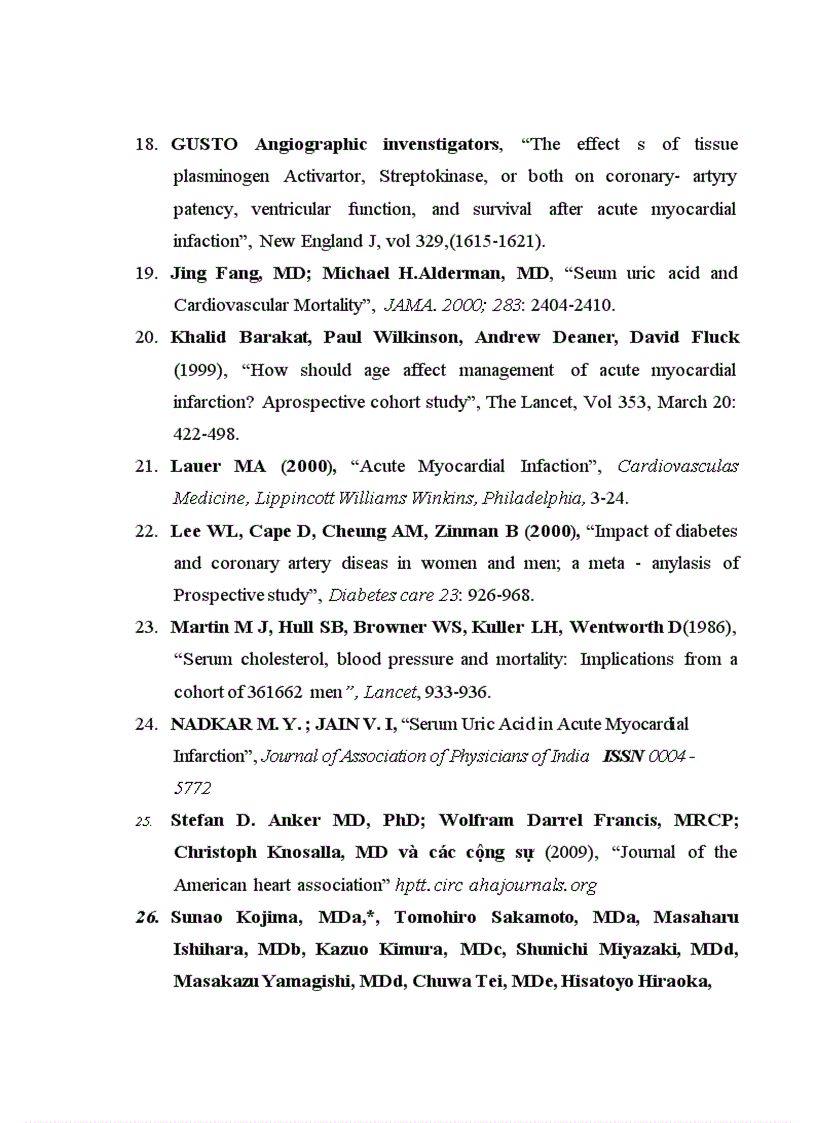 image for page Bước đầu tìm hiểu nồng độ acid uric trong máu bệnh nhân NMCT với yếu tố tiên luợng sớm của bệnh trong và sau điều trị 30 ngày